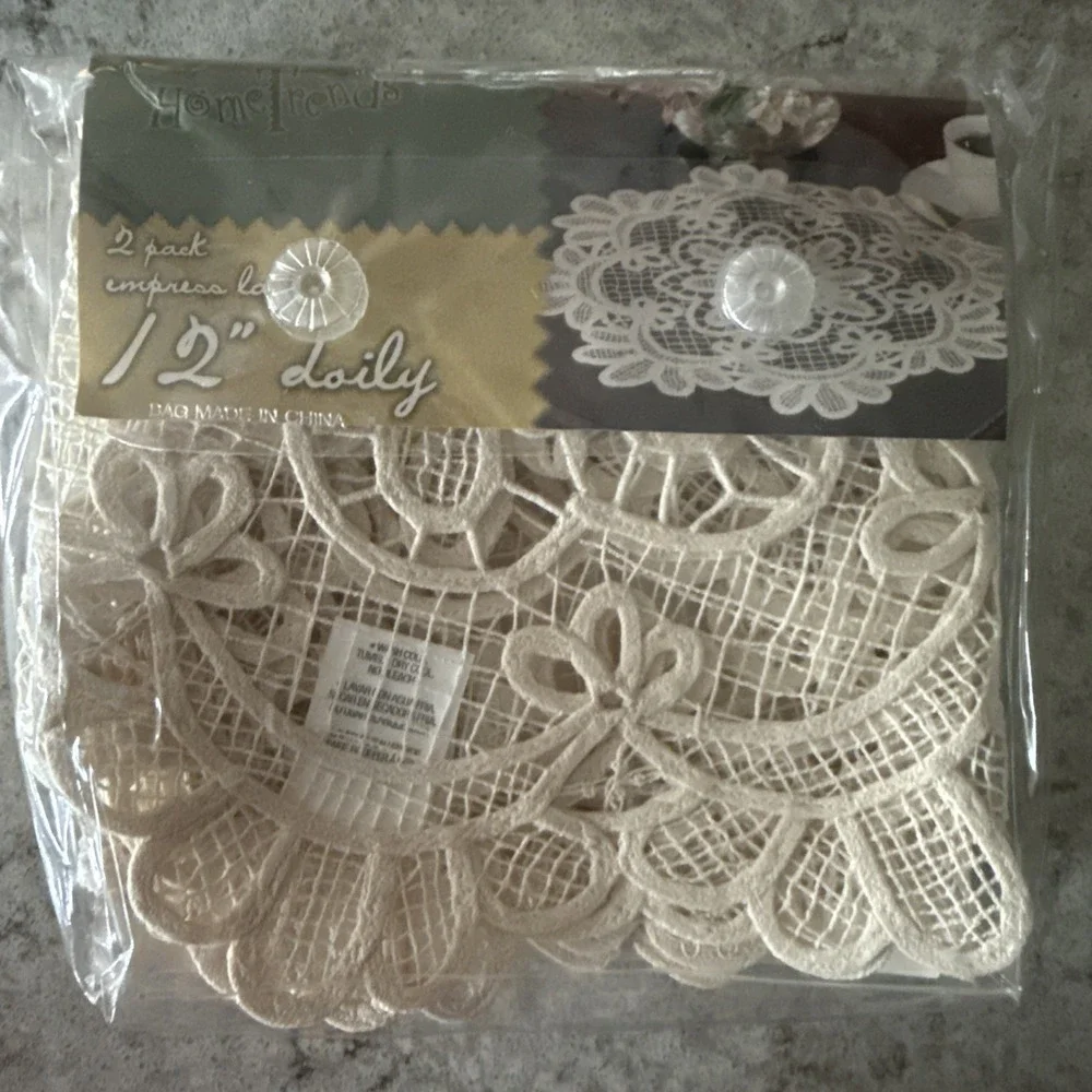 NOS Floral Empress Lace Doily Set of 2 Beige 12 Inch Round Cottagecore Grandma